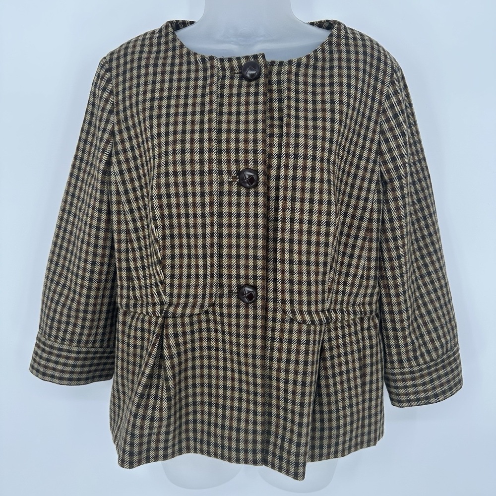Talbots Blazer Womens 10‎ Houndstooth Wool Peplum Jacket Academia Preppy